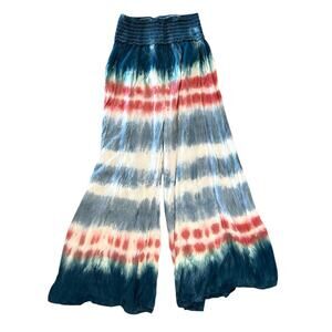 Womens S Red White Blue Tie Dye Smocked Waist Flare Leg Boho Flowy Beach Pants